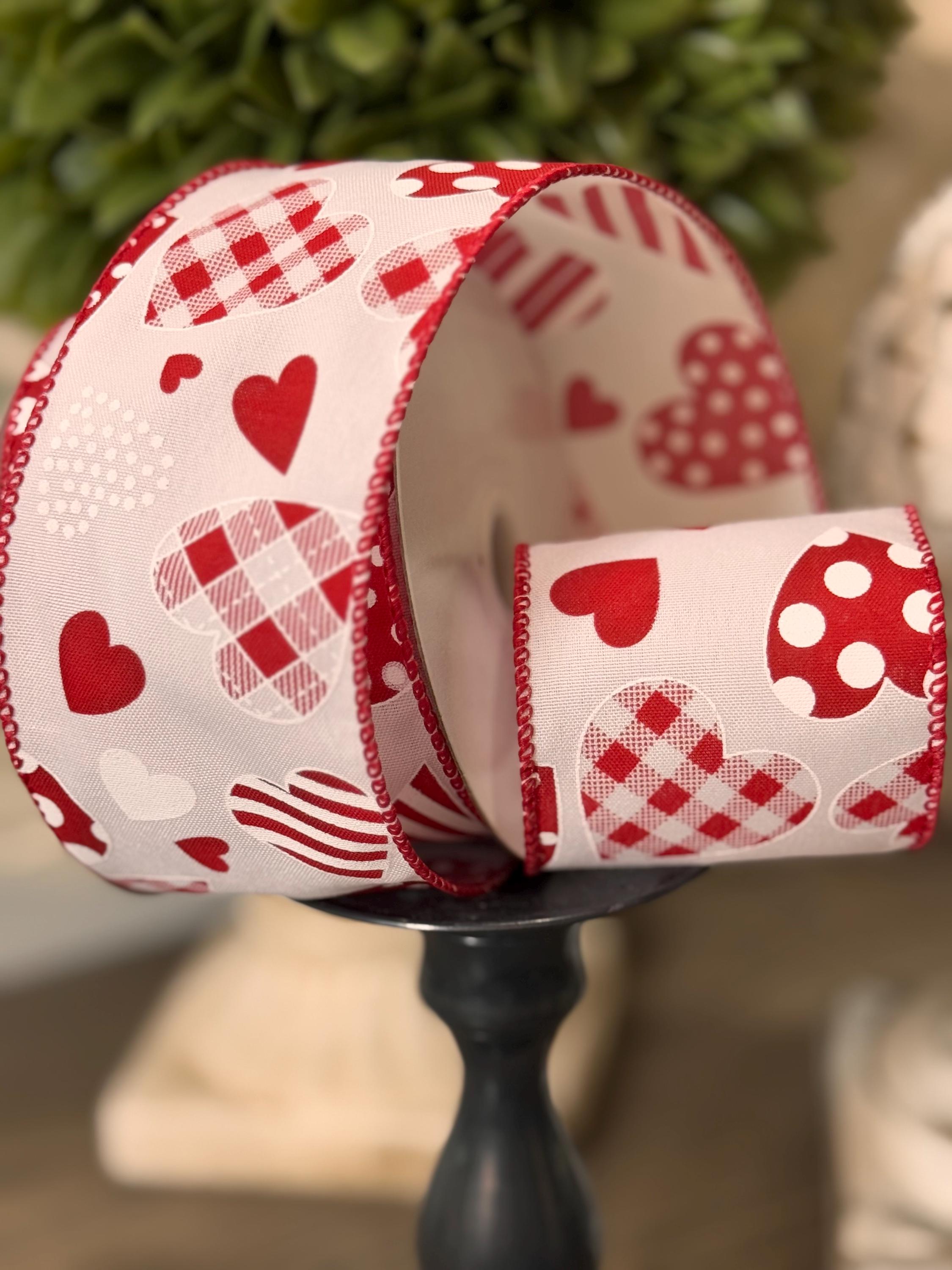 Hearts Designs Galore Wired Edge 2.5” x 10 yards, Red White Ribbon, Red Pink, Designer Valentines Ribbon, Valentines Day Decor, Wired Ribbon
