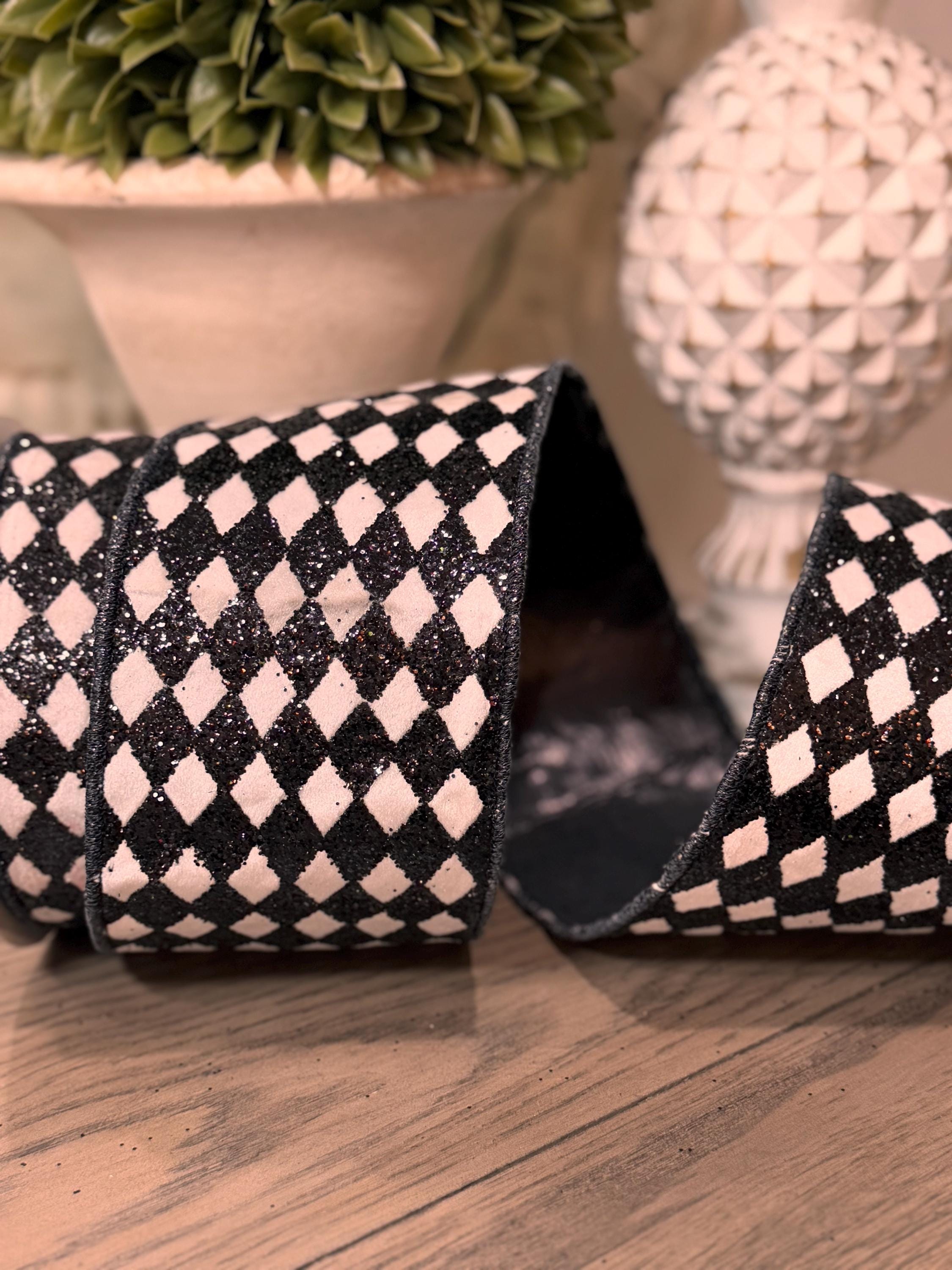 White Velvet With Black Glitter Diamond Pattern Ribbon 4" x 10 yards, Designer Velvet Ribbon, Black and White Ribbon, Luxury Holiday Ribbon