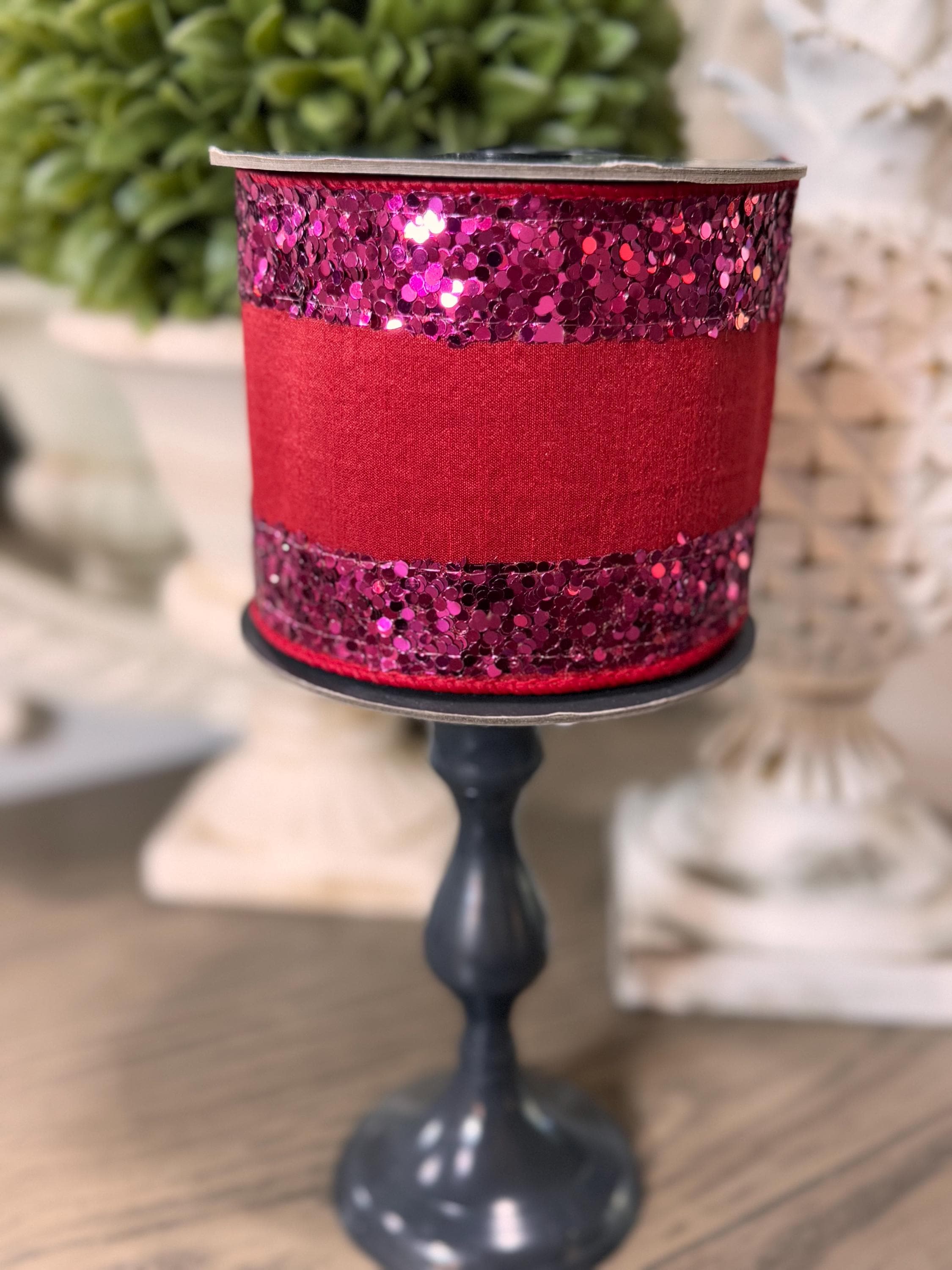 Red and Pink Jumbo Glitter Striped Edge Dupioni Deluxe Wired Edge 4” x 5 yards, Valentines Day Ribbon, Valentines Day Decor, Designer Ribbon