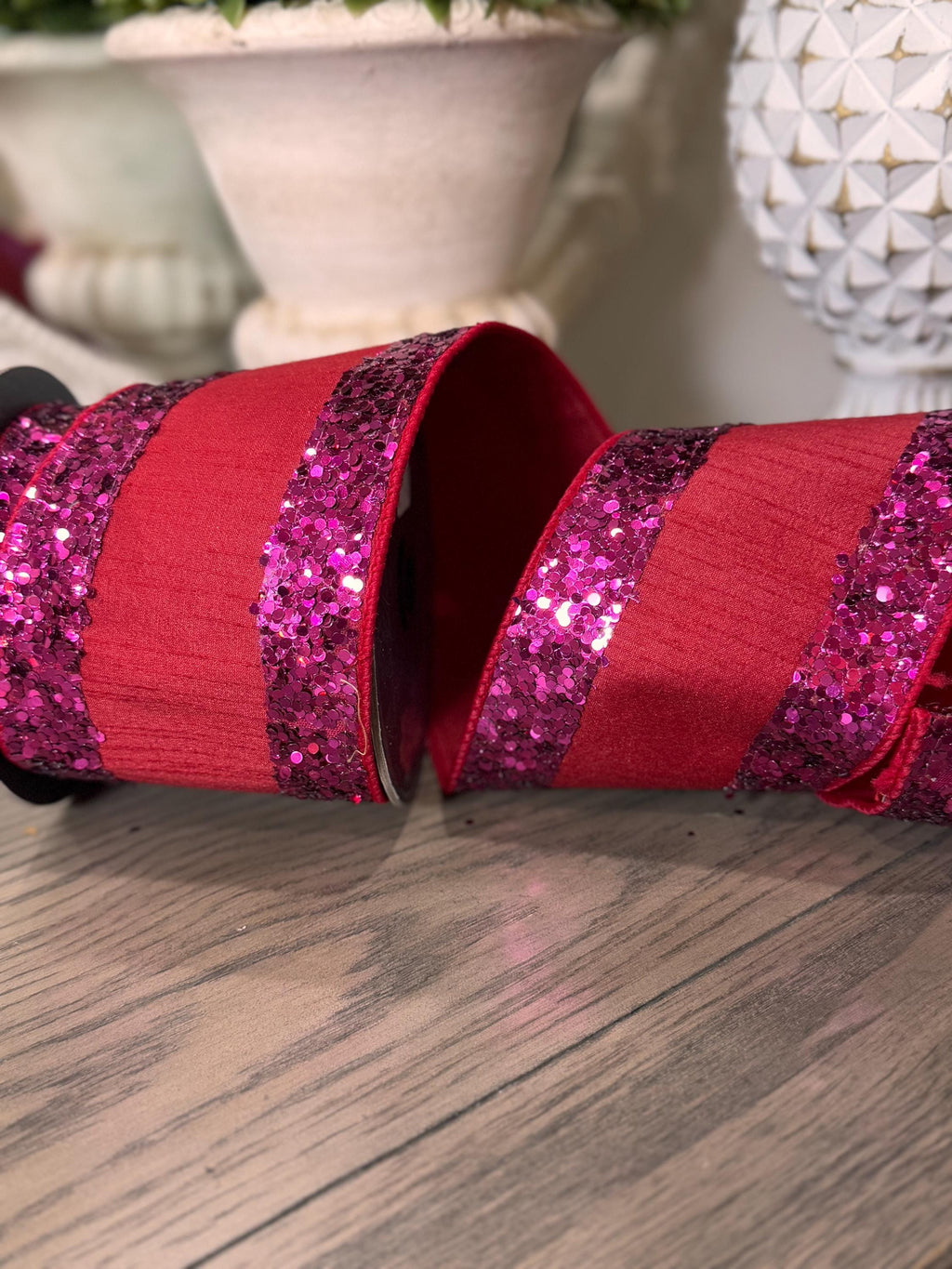 Red and Pink Jumbo Glitter Striped Edge Dupioni Deluxe Wired Edge 4” x 5 yards, Valentines Day Ribbon, Valentines Day Decor, Designer Ribbon
