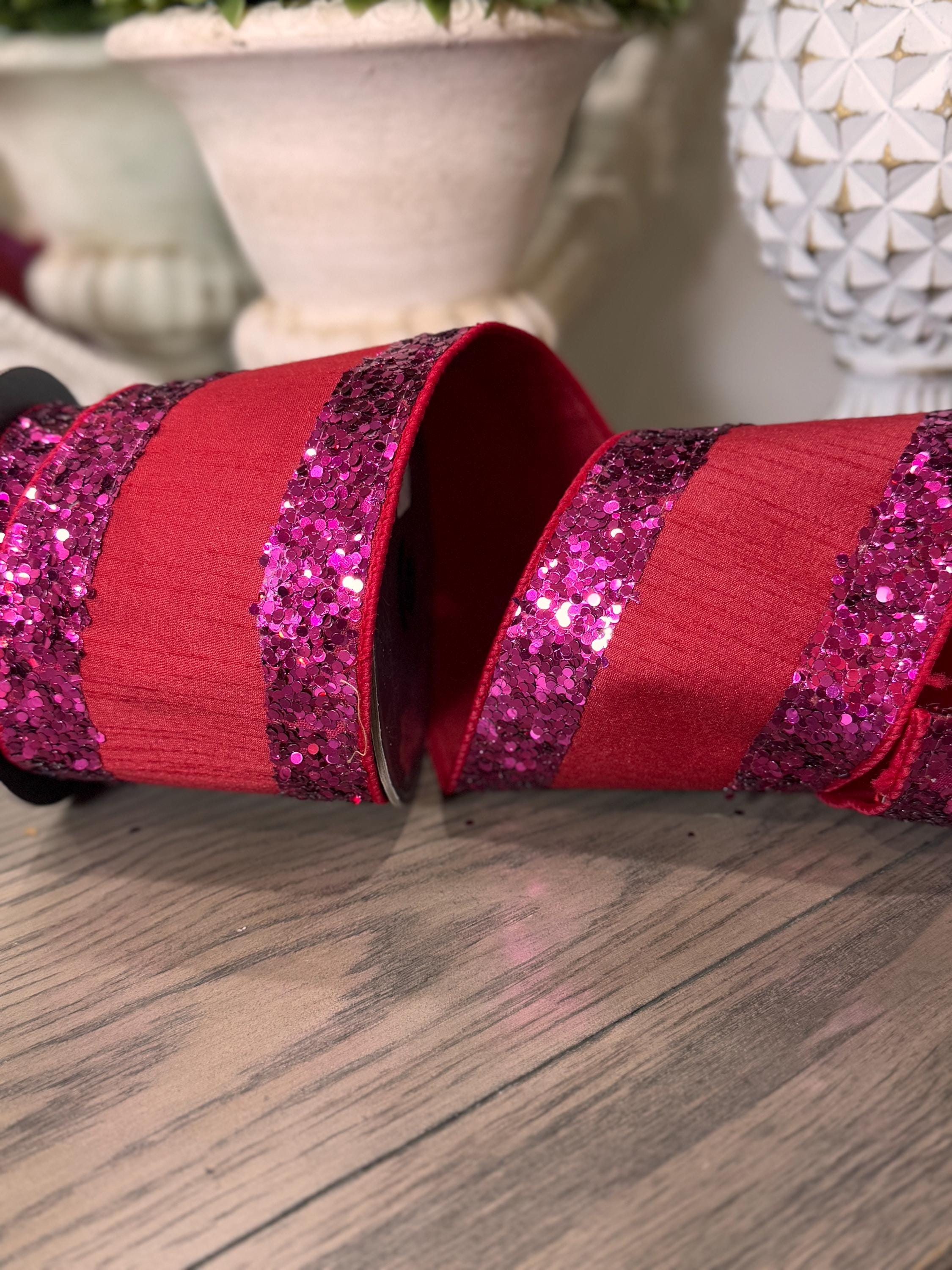 Red and Pink Jumbo Glitter Striped Edge Dupioni Deluxe Wired Edge 4” x 5 yards, Valentines Day Ribbon, Valentines Day Decor, Designer Ribbon