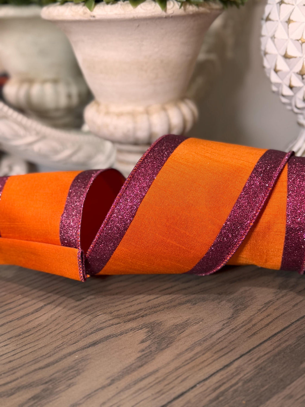 Orange/Fuchsia Glitter Striped Edging Dupioni Deluxe Wired Edge 4” x 5 yards, Valentines Day Ribbon, Valentines Day Decor, Designer Ribbon