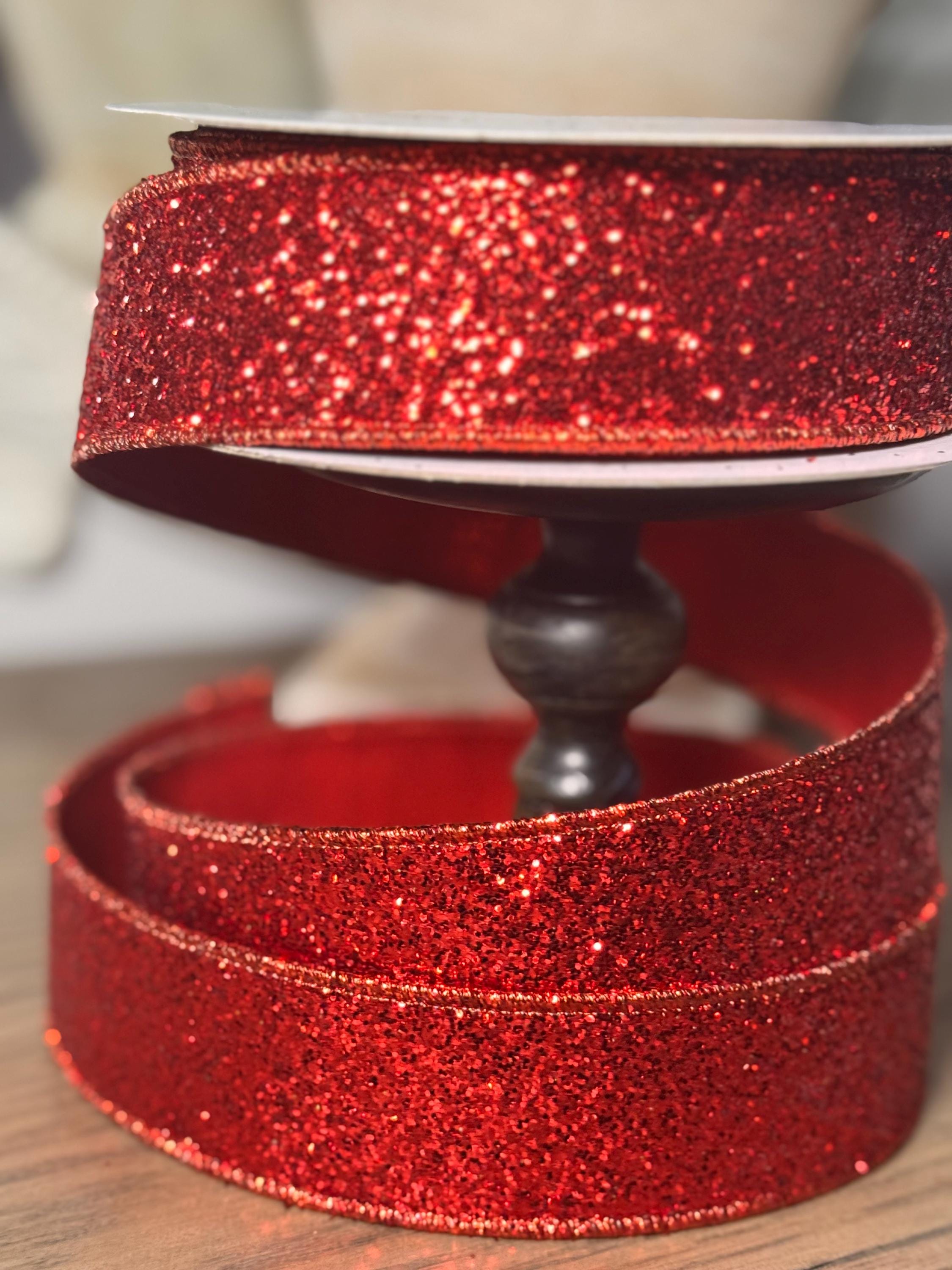 Farrisilk Gitter Magic Red 1.5“ Luxury Ribbon, Premium Holiday Ribbon, Designer Valentines Ribbon, Red Wired Ribbon, Patriotic Ribbon