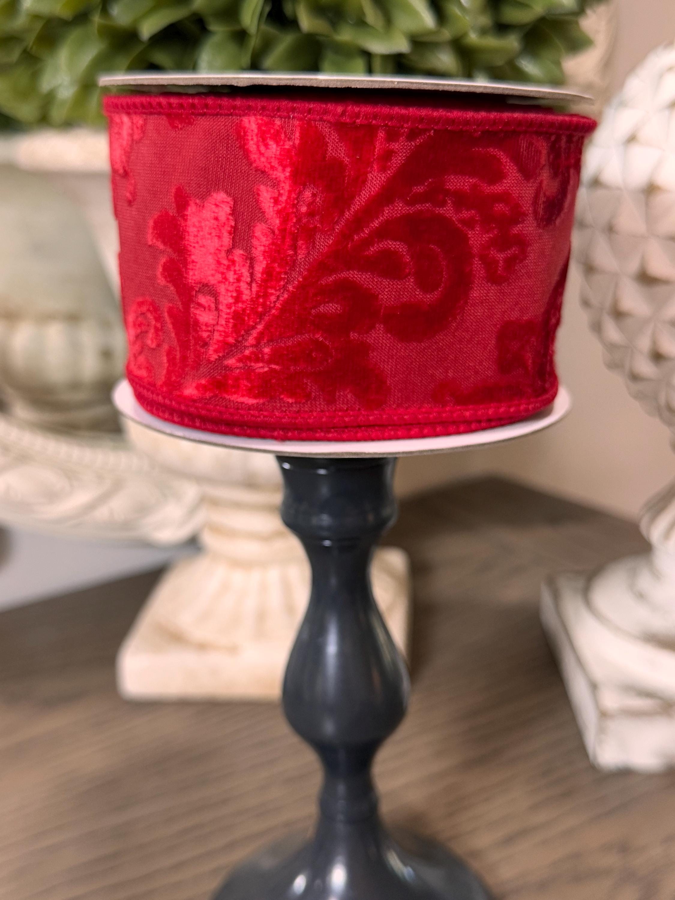 Red Velvet Filigree Deluxe Wired Edge 2-1/2” x 5 yards, Valentines Day Ribbon, Valentines Day Decor, Holiday Ribbon, Red Ribbon, Luxury Ribb