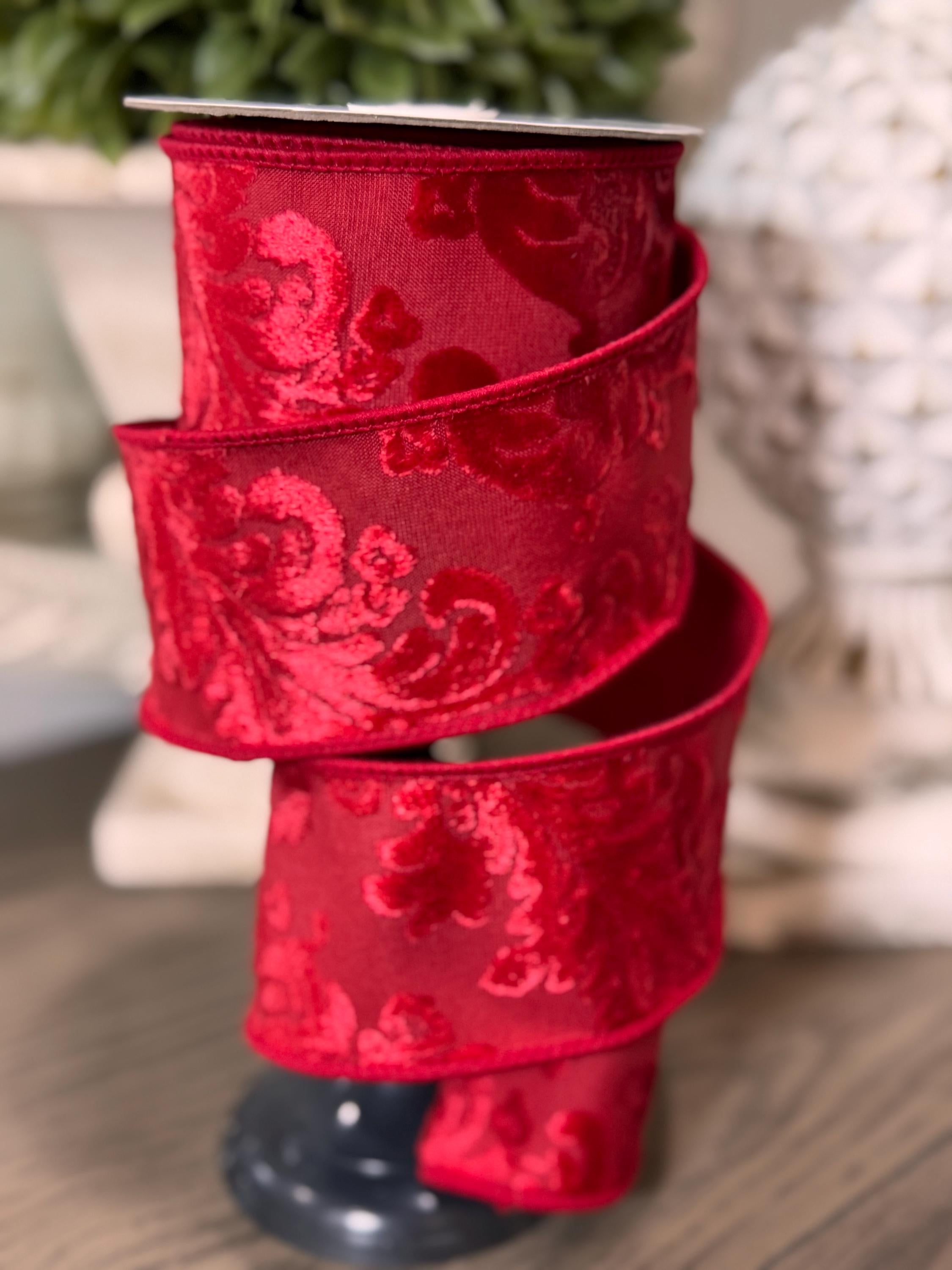 Red Velvet Filigree Deluxe Wired Edge 2-1/2” x 5 yards, Valentines Day Ribbon, Valentines Day Decor, Holiday Ribbon, Red Ribbon, Luxury Ribb