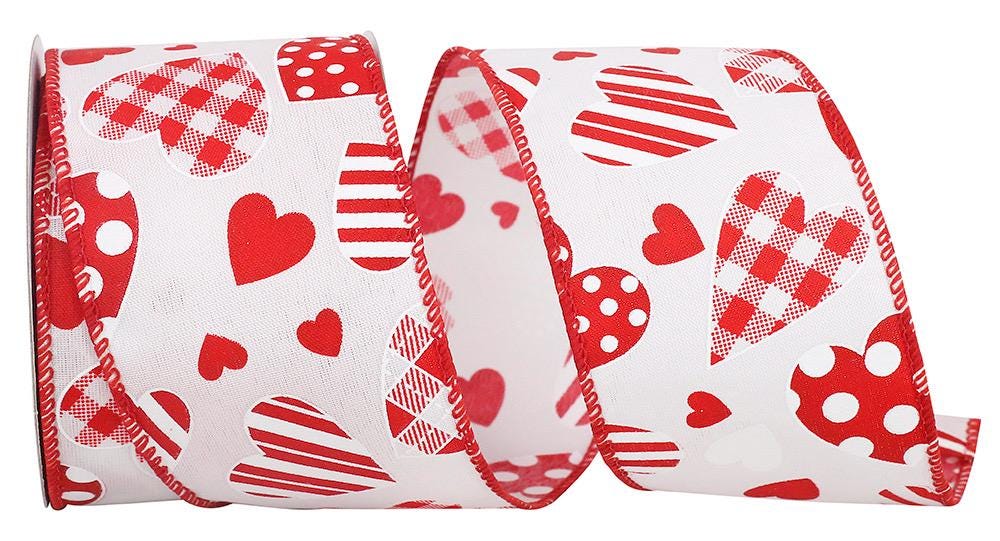Hearts Designs Galore Wired Edge 2.5” x 10 yards, Red White Ribbon, Red Pink, Designer Valentines Ribbon, Valentines Day Decor, Wired Ribbon