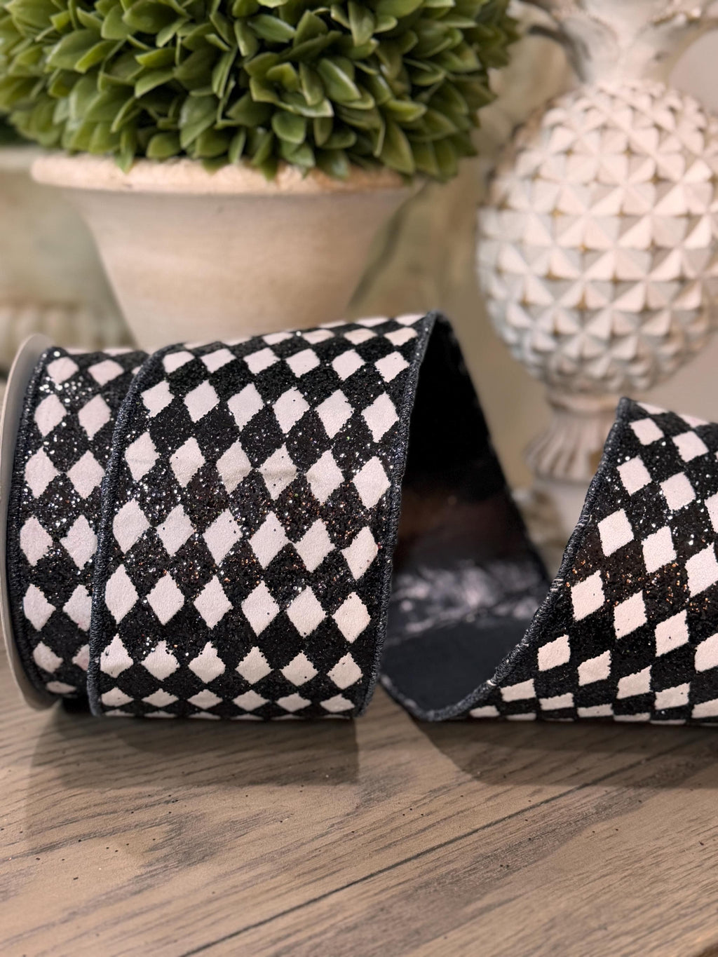White Velvet With Black Glitter Diamond Pattern Ribbon 4" x 10 yards, Designer Velvet Ribbon, Black and White Ribbon, Luxury Holiday Ribbon