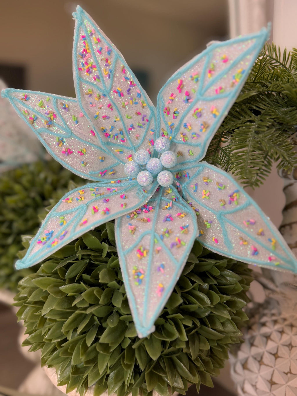 Confetti Candy Poinsettia 24''X 11.5''-Blue, Candy Easter Spray, Valentines, Christmas Tree Decorations, Wreath Attachments, Spring Spray