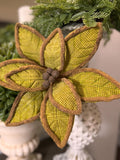 20” Woven Jute Puff Edge Poinsettia-Green, Natural Spray, Winter Decor, Christmas Tree Decorations, Wreath Attachments, Spring Spray