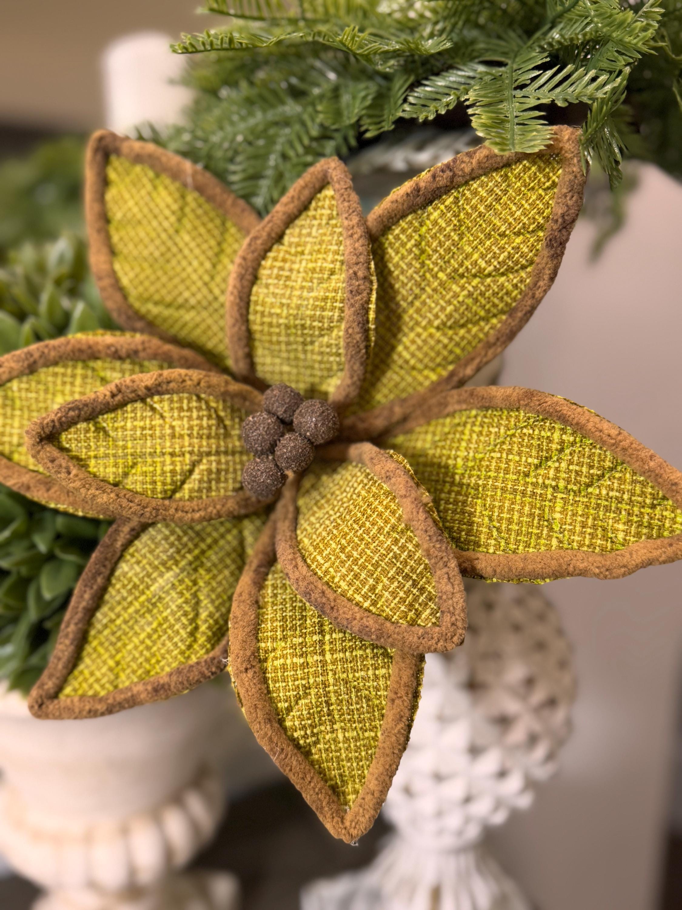 20” Woven Jute Puff Edge Poinsettia-Green, Natural Spray, Winter Decor, Christmas Tree Decorations, Wreath Attachments, Spring Spray