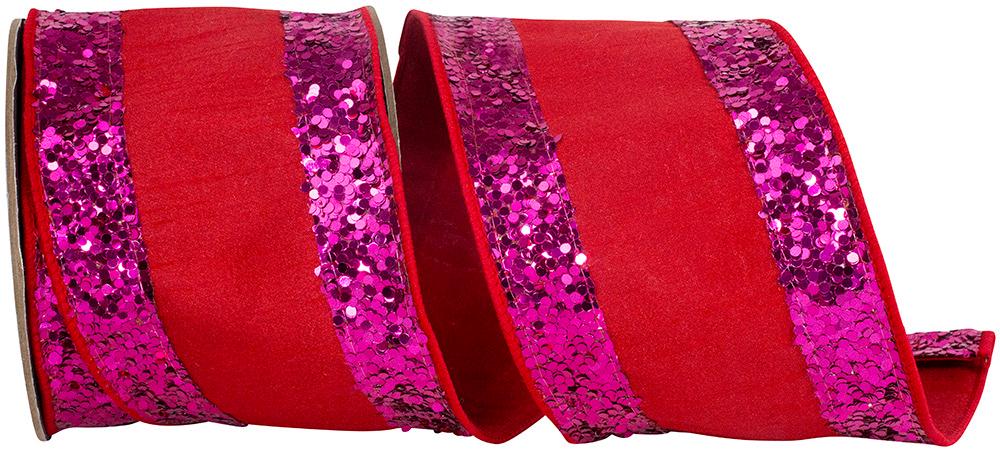 Red and Pink Jumbo Glitter Striped Edge Dupioni Deluxe Wired Edge 4” x 5 yards, Valentines Day Ribbon, Valentines Day Decor, Designer Ribbon