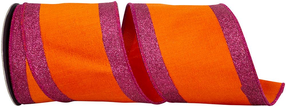 Orange/Fuchsia Glitter Striped Edging Dupioni Deluxe Wired Edge 4” x 5 yards, Valentines Day Ribbon, Valentines Day Decor, Designer Ribbon