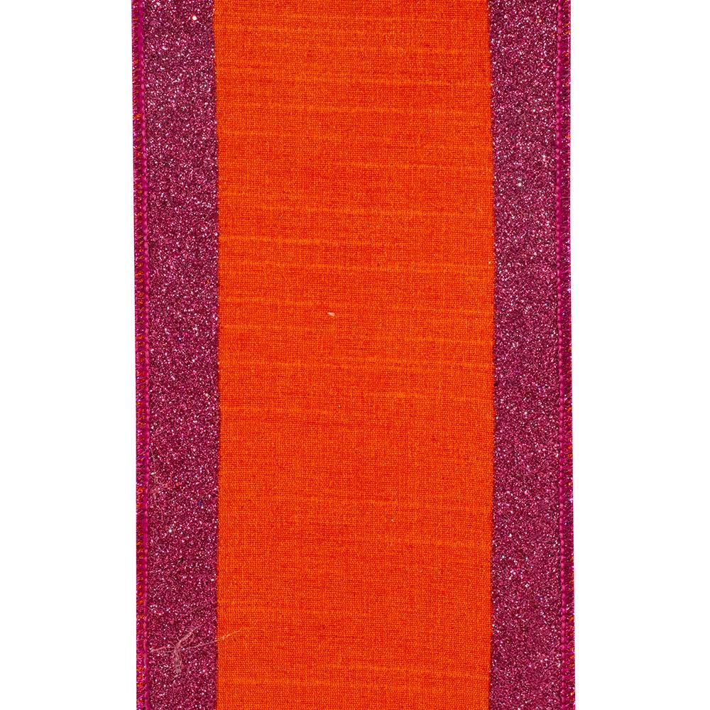Orange/Fuchsia Glitter Striped Edging Dupioni Deluxe Wired Edge 4” x 5 yards, Valentines Day Ribbon, Valentines Day Decor, Designer Ribbon