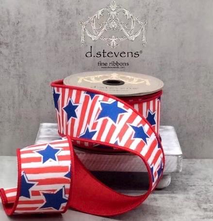 D. Stevens 2.5” Ribbon Stars and Stripes, Premium Patriotic Decor Ribbon, 10 Yard Wreath Ribbon, Summer Ribbon Wired, Red White and Blue
