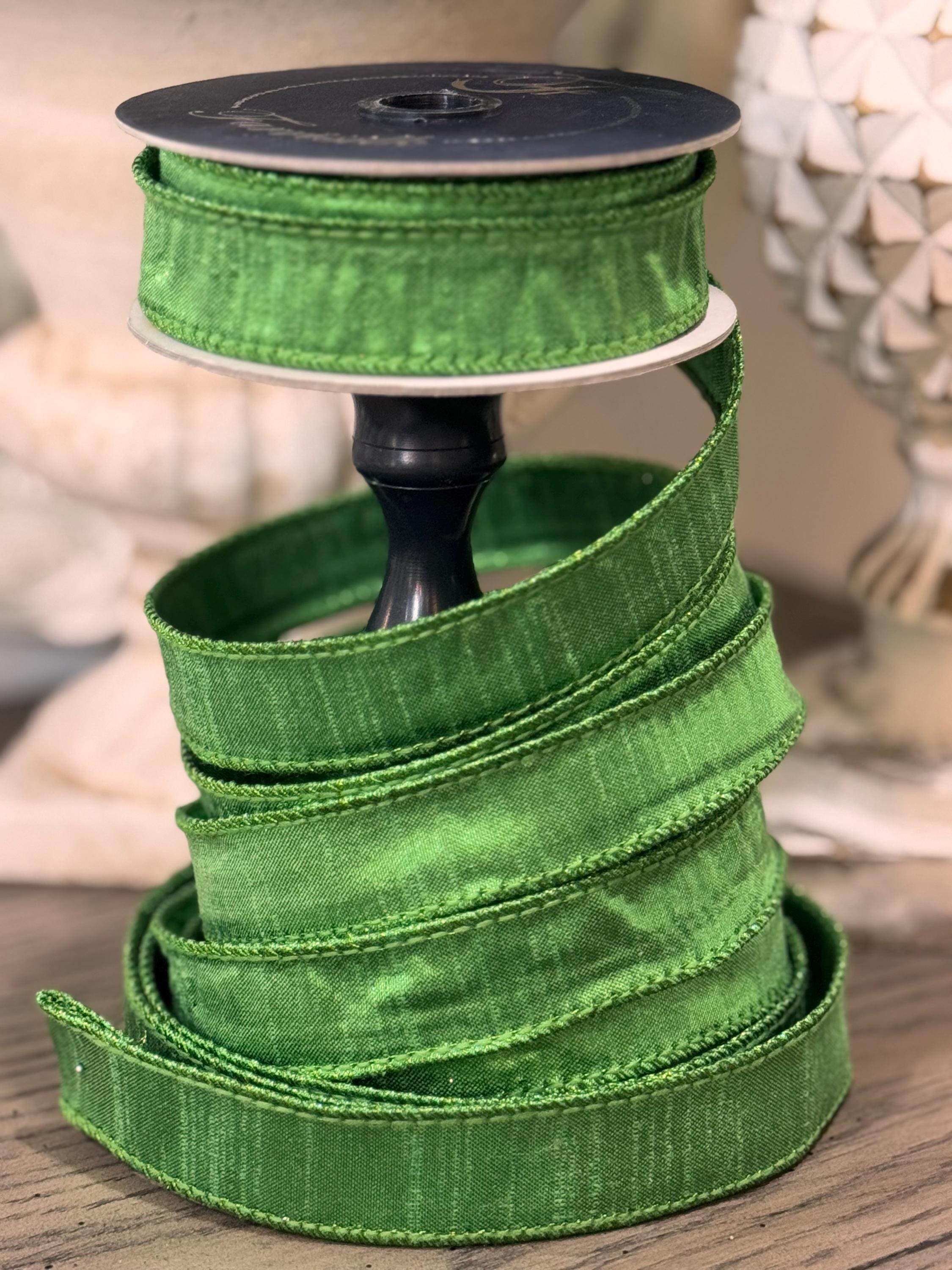 Farrisilk Luster Green 1“ Ribbon, Luxury Ribbon, Premium Holiday Ribbon, Designer St Patricks Day Ribbon, Green Wired Ribbon, 10 yard Ribbon