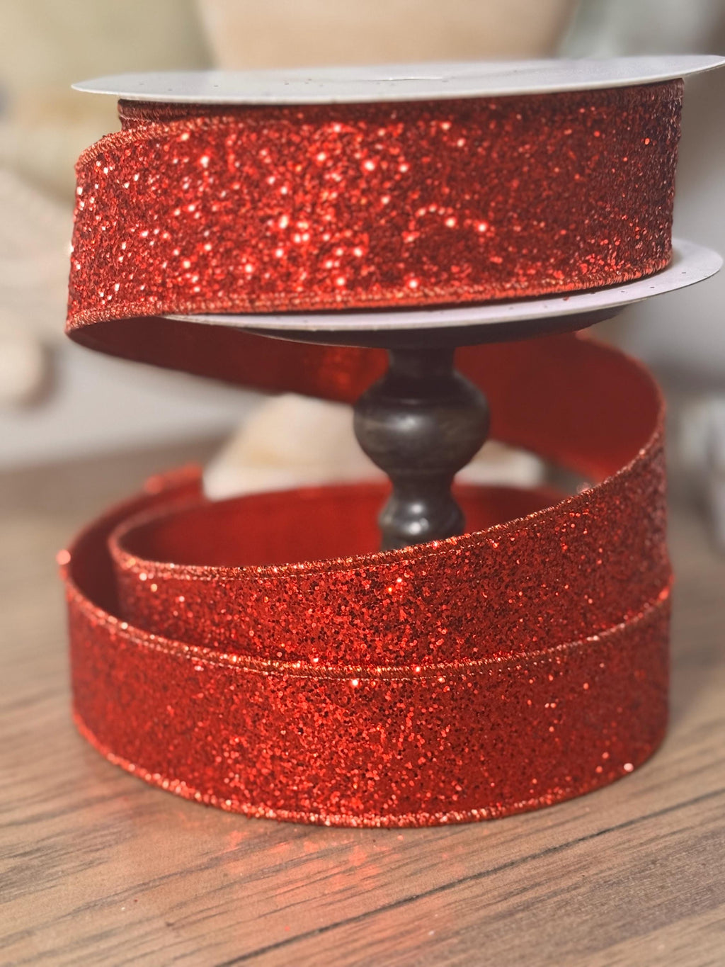 Farrisilk Gitter Magic Red 1.5“ Luxury Ribbon, Premium Holiday Ribbon, Designer Valentines Ribbon, Red Wired Ribbon, Patriotic Ribbon