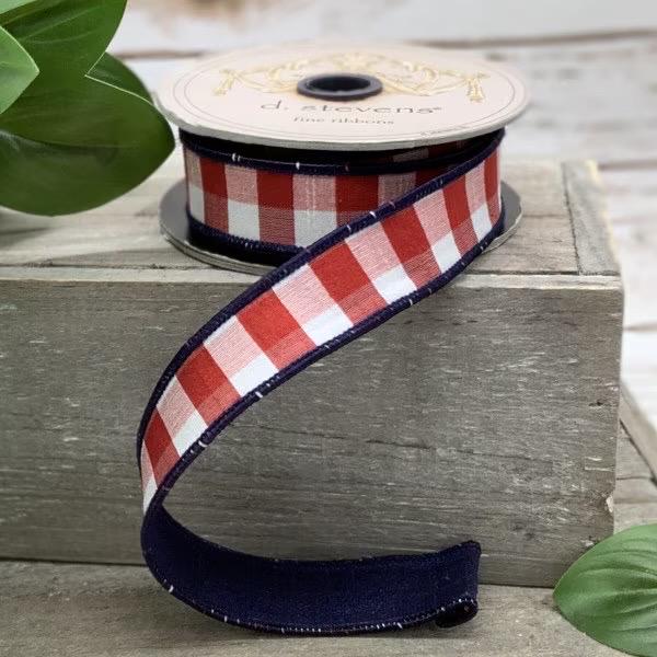 D. Stevens 1" x 10yds faux dupion check, red-white-blue, Premium Patriotic Decor Ribbon, 10 Yard Wreath Ribbon, Designer Summer Ribbon Wired