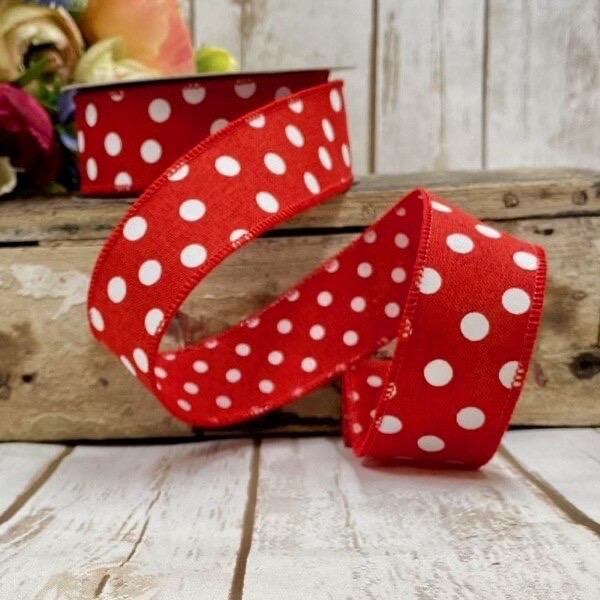 D. Stevens 1.5” Red White Dots Ribbon, Large Dots on Front, Small Dots on Back, 10 Yard Wreath Ribbon, Summer Ribbon Wired, Red White Decor