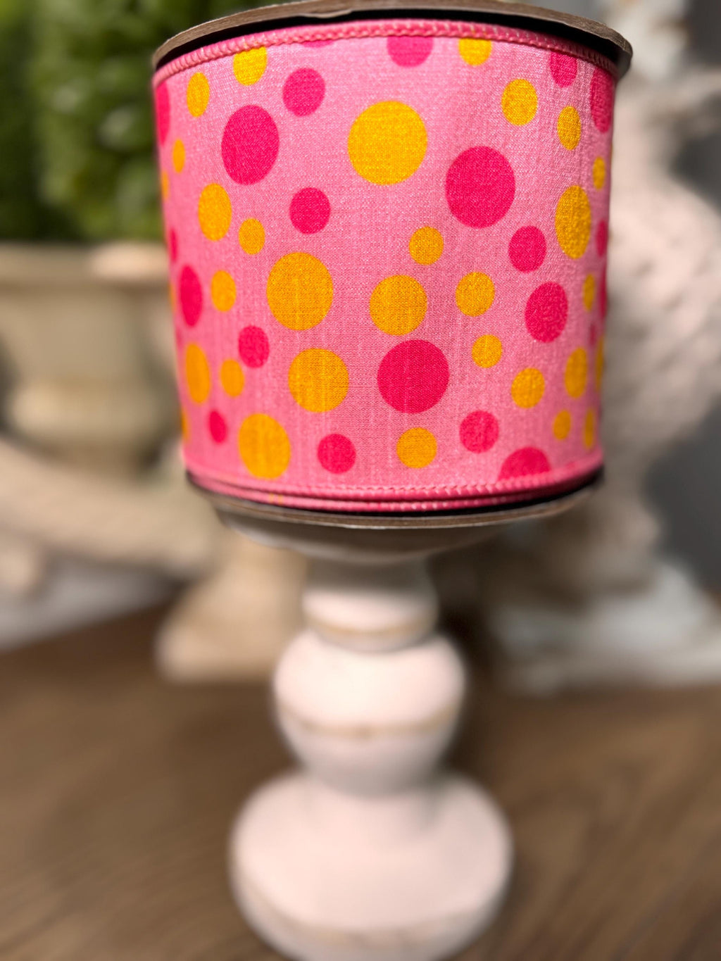 D. Stevens 4” Ribbon Pink w Fuschia and Yellow Polka Dots Ribbon, Premium Easter Decor Ribbon, 10 Yard Ribbon, Spring Summer Ribbon Wired
