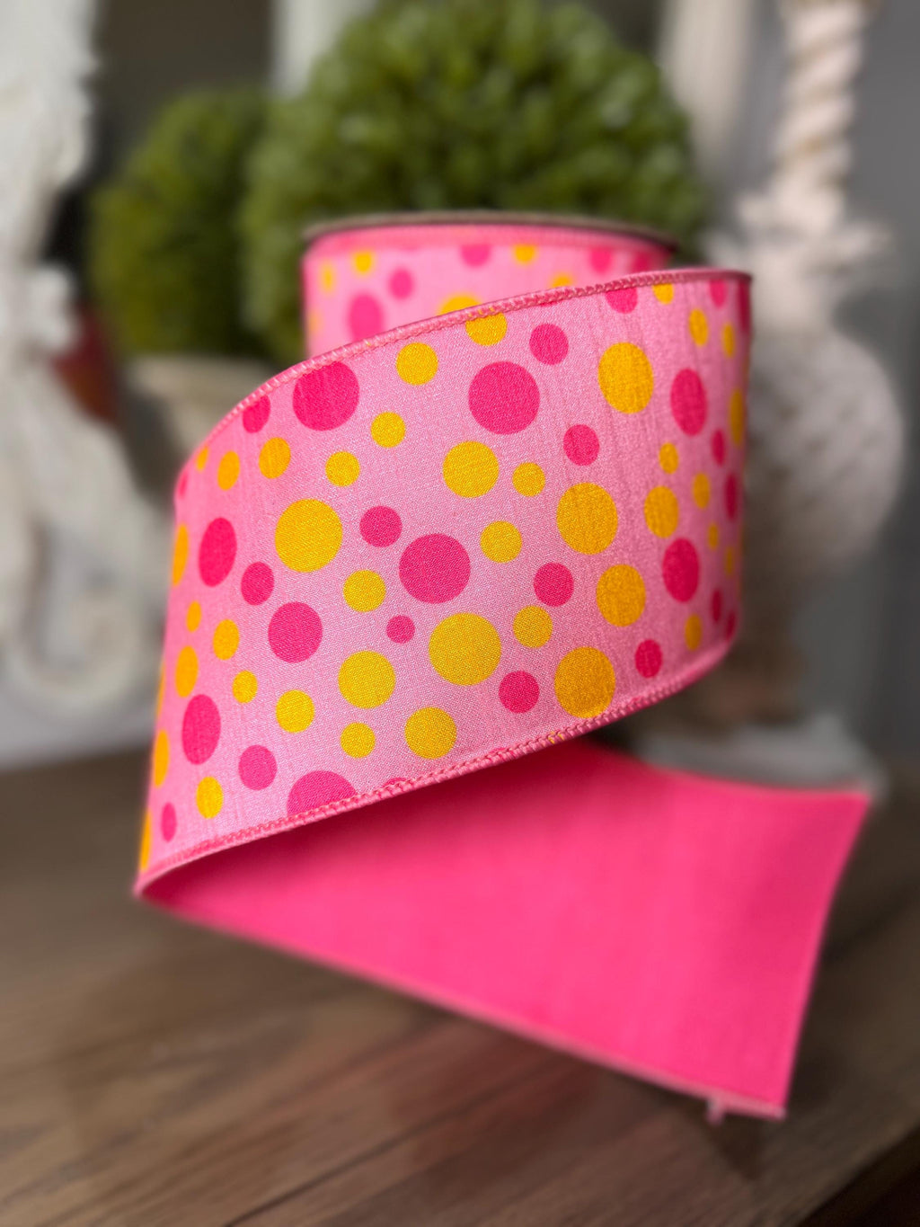 D. Stevens 4” Ribbon Pink w Fuschia and Yellow Polka Dots Ribbon, Premium Easter Decor Ribbon, 10 Yard Ribbon, Spring Summer Ribbon Wired