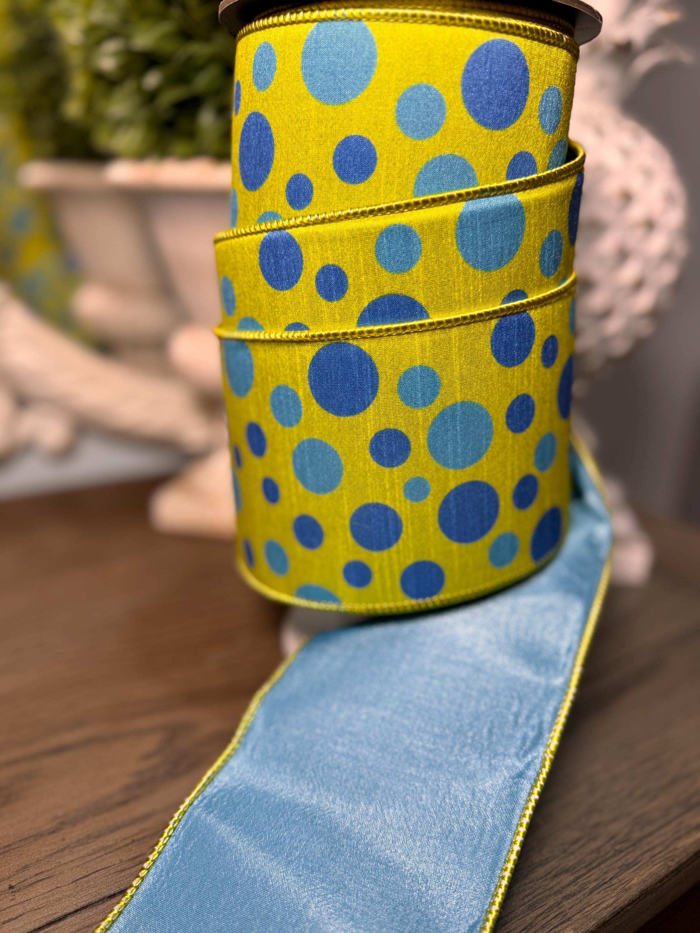 D. Stevens 4” Ribbon Lime Green with Blue Polka Dots Luxury Ribbon, Premium Easter Decor Ribbon, 10 Yard Ribbon, Spring Summer Ribbon Wired