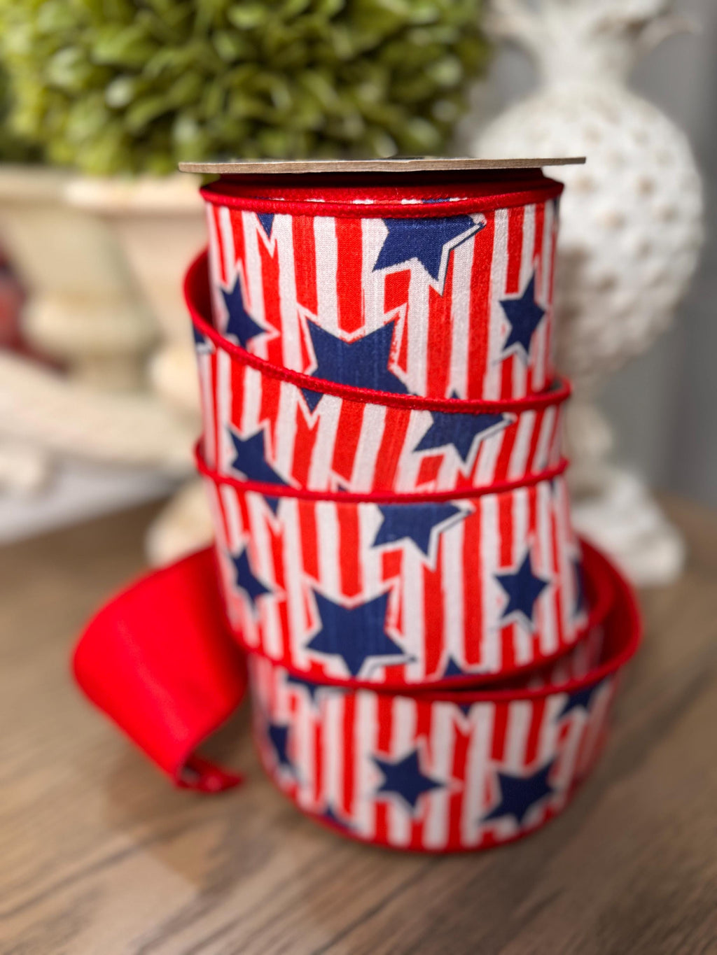 D. Stevens 2.5” Ribbon Stars and Stripes, Premium Patriotic Decor Ribbon, 10 Yard Wreath Ribbon, Summer Ribbon Wired, Red White and Blue
