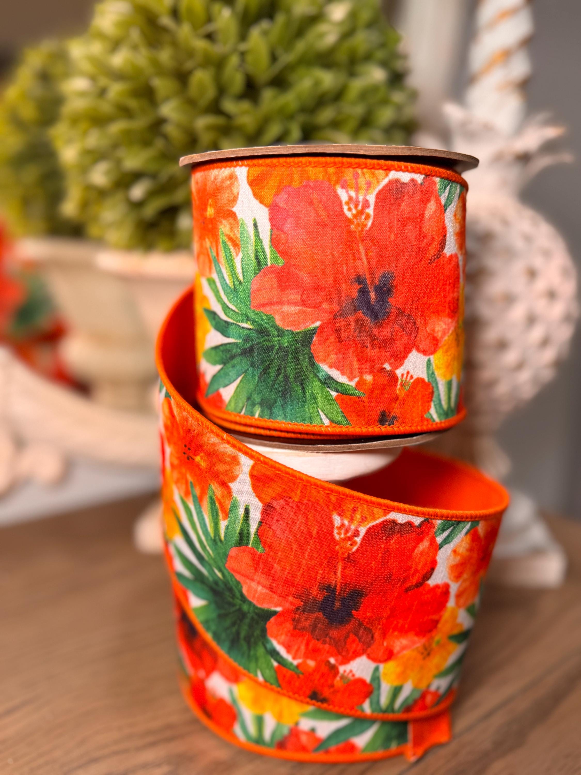 D. Stevens 4” Ribbon Watercolor Hibiscus Yellow Pink Green, Luxury Ribbon, Premium Decor Ribbon, 10 Yard Ribbon, Spring Summer Ribbon Wired
