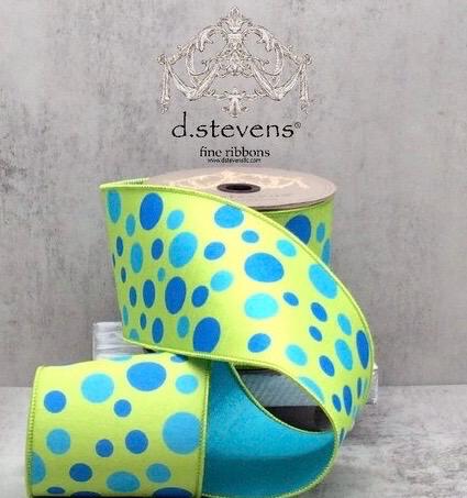 D. Stevens 4” Ribbon Lime Green with Blue Polka Dots Luxury Ribbon, Premium Easter Decor Ribbon, 10 Yard Ribbon, Spring Summer Ribbon Wired