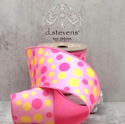 D. Stevens 4” Ribbon Pink w Fuschia and Yellow Polka Dots Ribbon, Premium Easter Decor Ribbon, 10 Yard Ribbon, Spring Summer Ribbon Wired