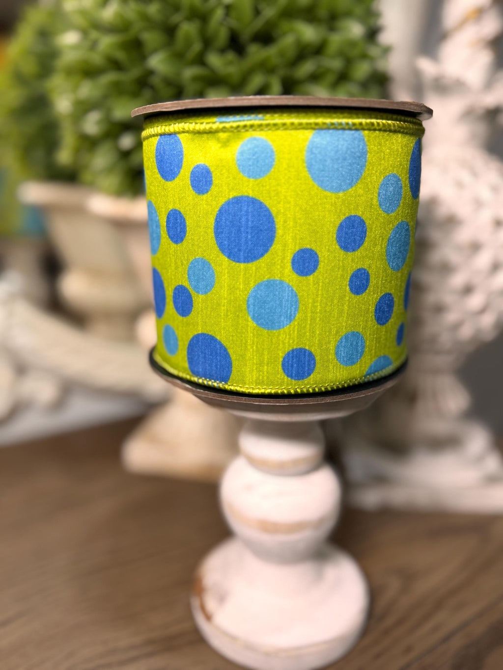 D. Stevens 4” Ribbon Lime Green with Blue Polka Dots Luxury Ribbon, Premium Easter Decor Ribbon, 10 Yard Ribbon, Spring Summer Ribbon Wired
