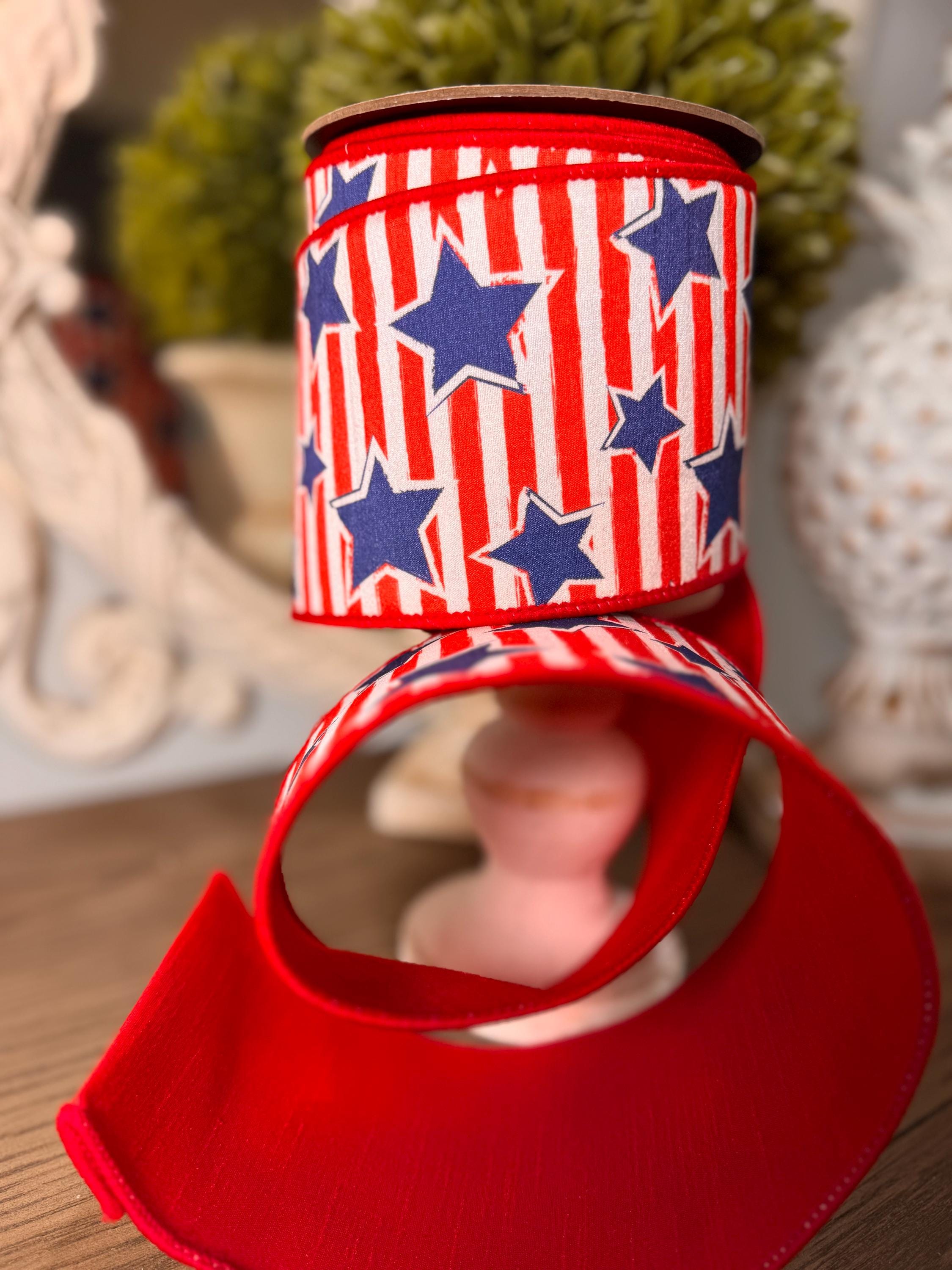 D. Stevens 4” Ribbon Stars and Stripes, Premium Patriotic Decor Ribbon, 10 Yard Wreath Ribbon, Summer Ribbon Wired, Red White and Blue