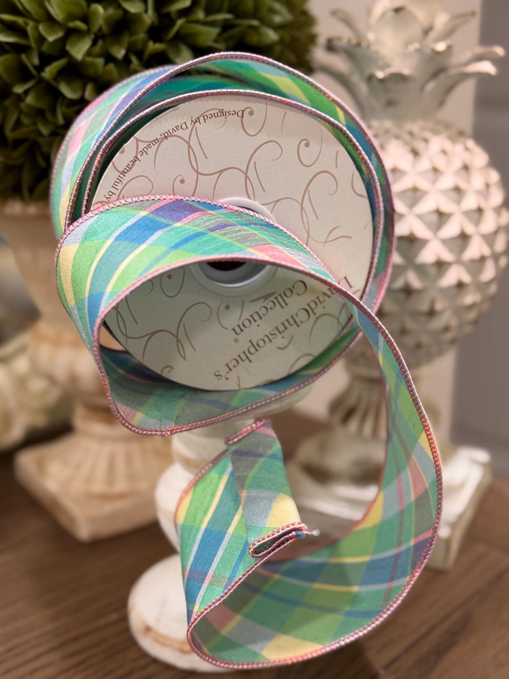 Blooming Garden Pastels Plaid Ribbon, Luxury Spring, Wired, 2.5” x 10 Yards Holiday Ribbon, Easter Decor, Pastel Blue, Pink, Yellow, Purple