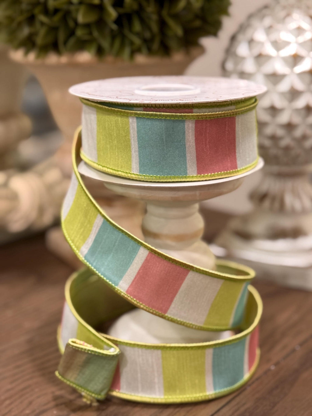 Spring Block Pattern Ribbon, Luxury Spring, Wired, 1.5” x 10 Yards Holiday Ribbon, Easter Decor, Pastel Blue, Pink, Green, Easter Crafts