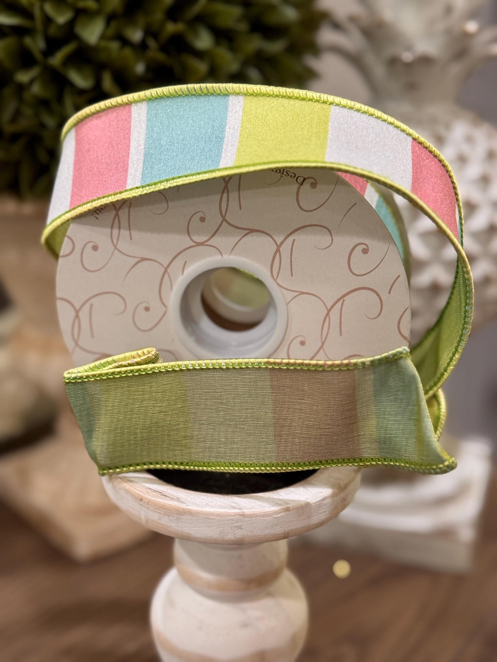 Spring Block Pattern Ribbon, Luxury Spring, Wired, 1.5” x 10 Yards Holiday Ribbon, Easter Decor, Pastel Blue, Pink, Green, Easter Crafts