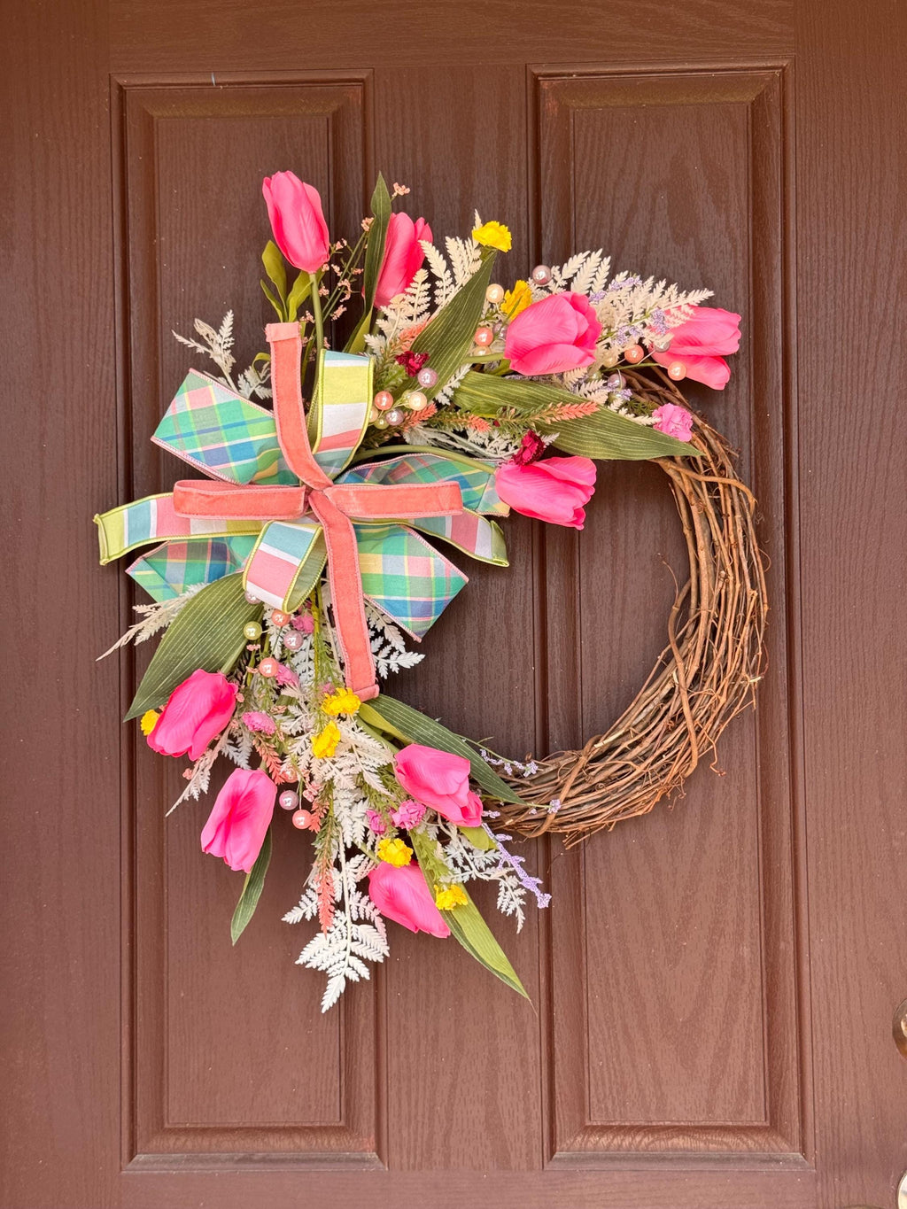 Spring Tulip Wreath for Front Door – Easter Wreath with Pink Flowers & Plaid Bow – Grapevine Floral Wreath – Handmade Decor – Free Shipping
