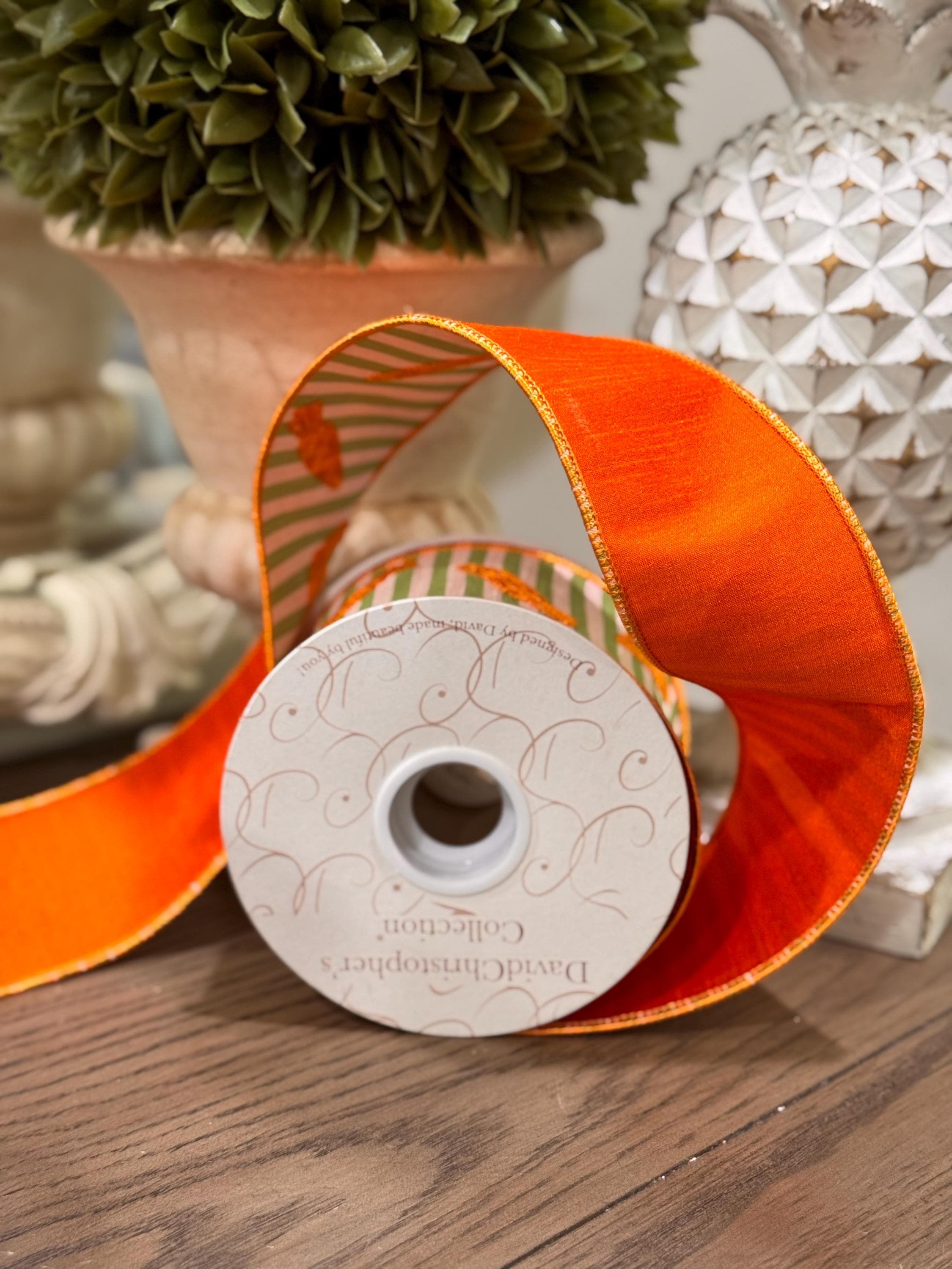 Easter Carrot Ribbon 2.5" x 10 Yards, Wired Orange Carrot Embroidery on Green Stripes, Spring Wreath Bow Ribbon, Easter Basket and Decor DIY