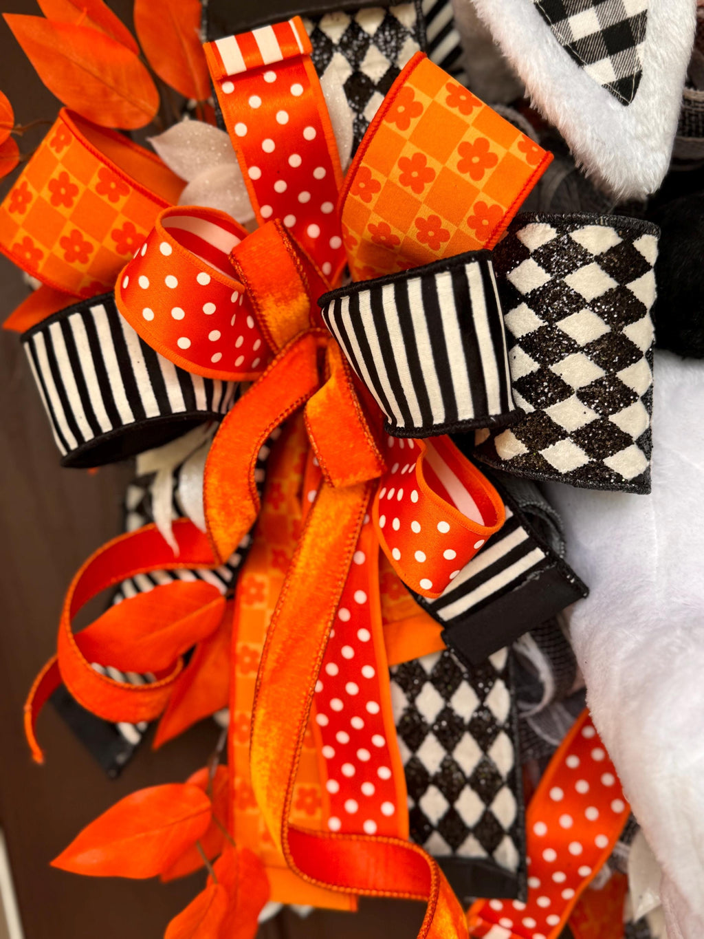 Easter Bunny Butt Wreath – Plush Bunny Door Decor with Harlequin, Stripes, Dots Ribbons, Carrots & Leaves – Spring Front Door Easter Wreath