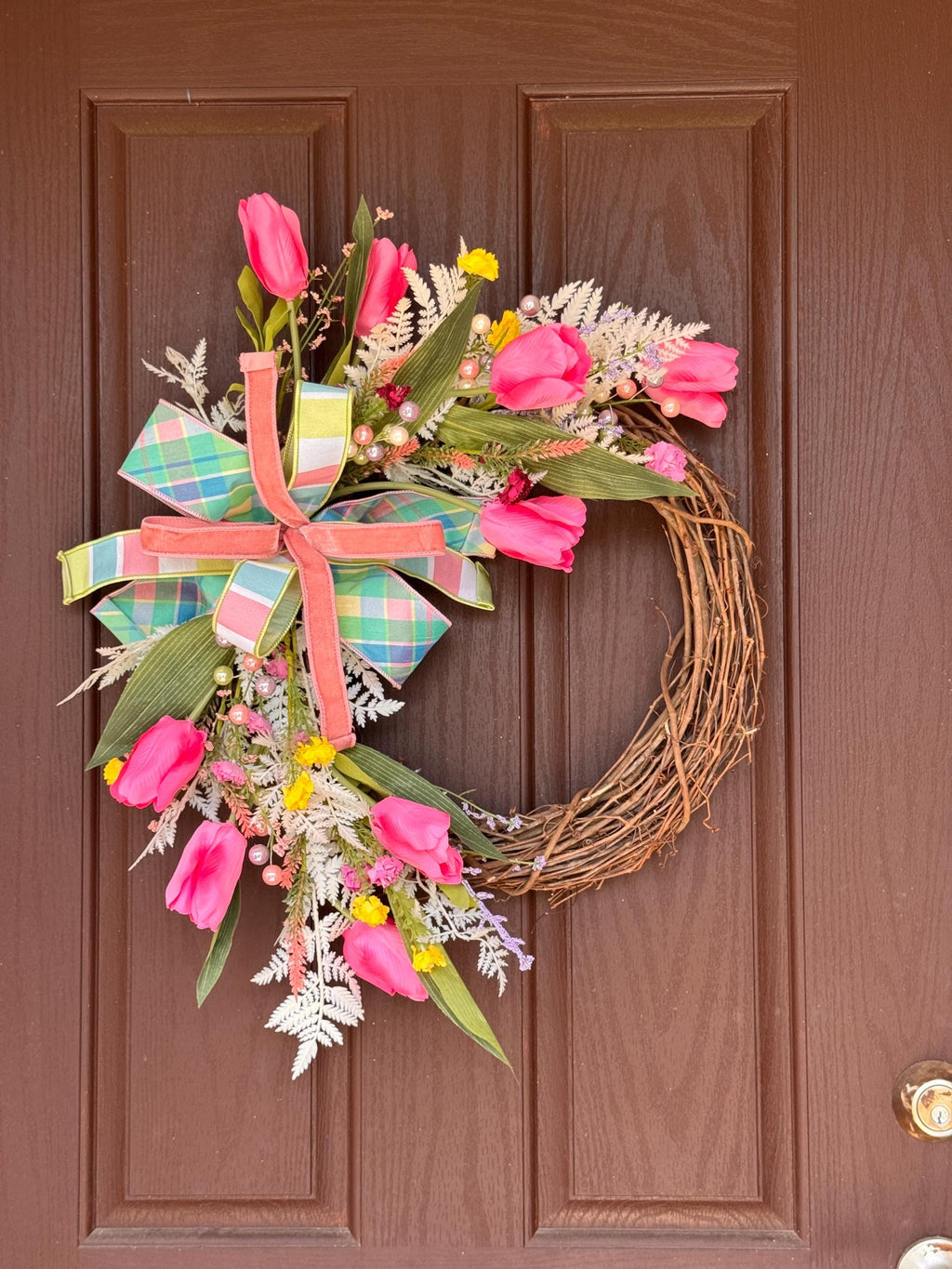 Spring Tulip Wreath for Front Door – Easter Wreath with Pink Flowers & Plaid Bow – Grapevine Floral Wreath – Handmade Decor – Free Shipping