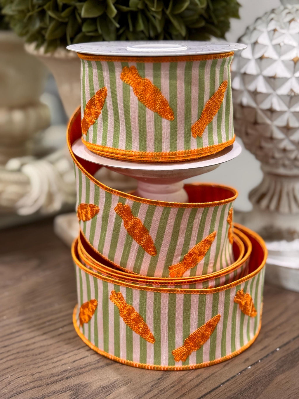 Easter Carrot Ribbon 2.5" x 10 Yards, Wired Orange Carrot Embroidery on Green Stripes, Spring Wreath Bow Ribbon, Easter Basket and Decor DIY