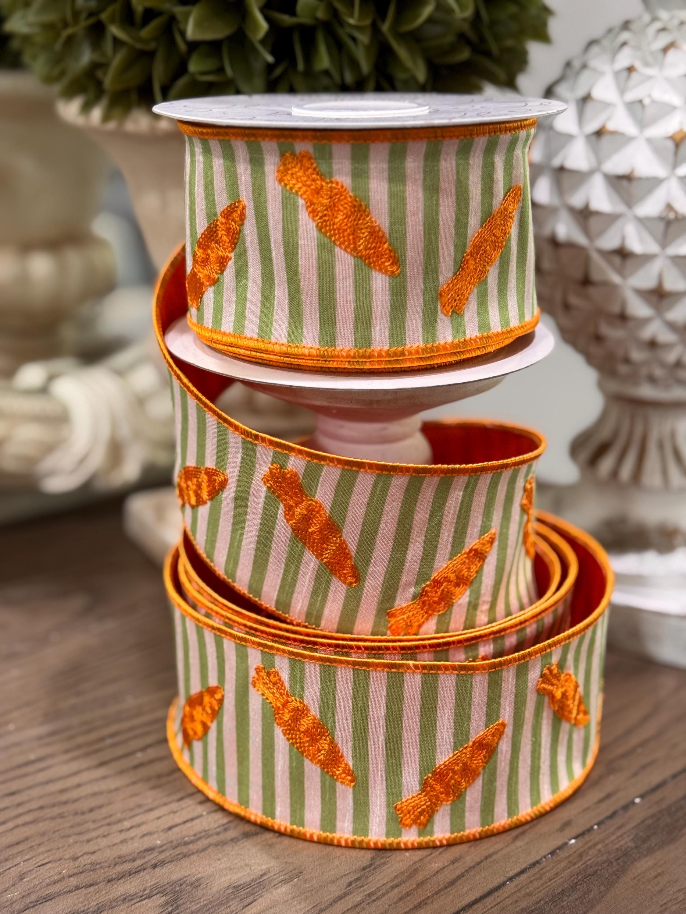Easter Carrot Ribbon 2.5" x 10 Yards, Wired Orange Carrot Embroidery on Green Stripes, Spring Wreath Bow Ribbon, Easter Basket and Decor DIY