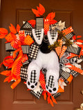 Easter Bunny Butt Wreath – Plush Bunny Door Decor with Harlequin, Stripes, Dots Ribbons, Carrots & Leaves – Spring Front Door Easter Wreath