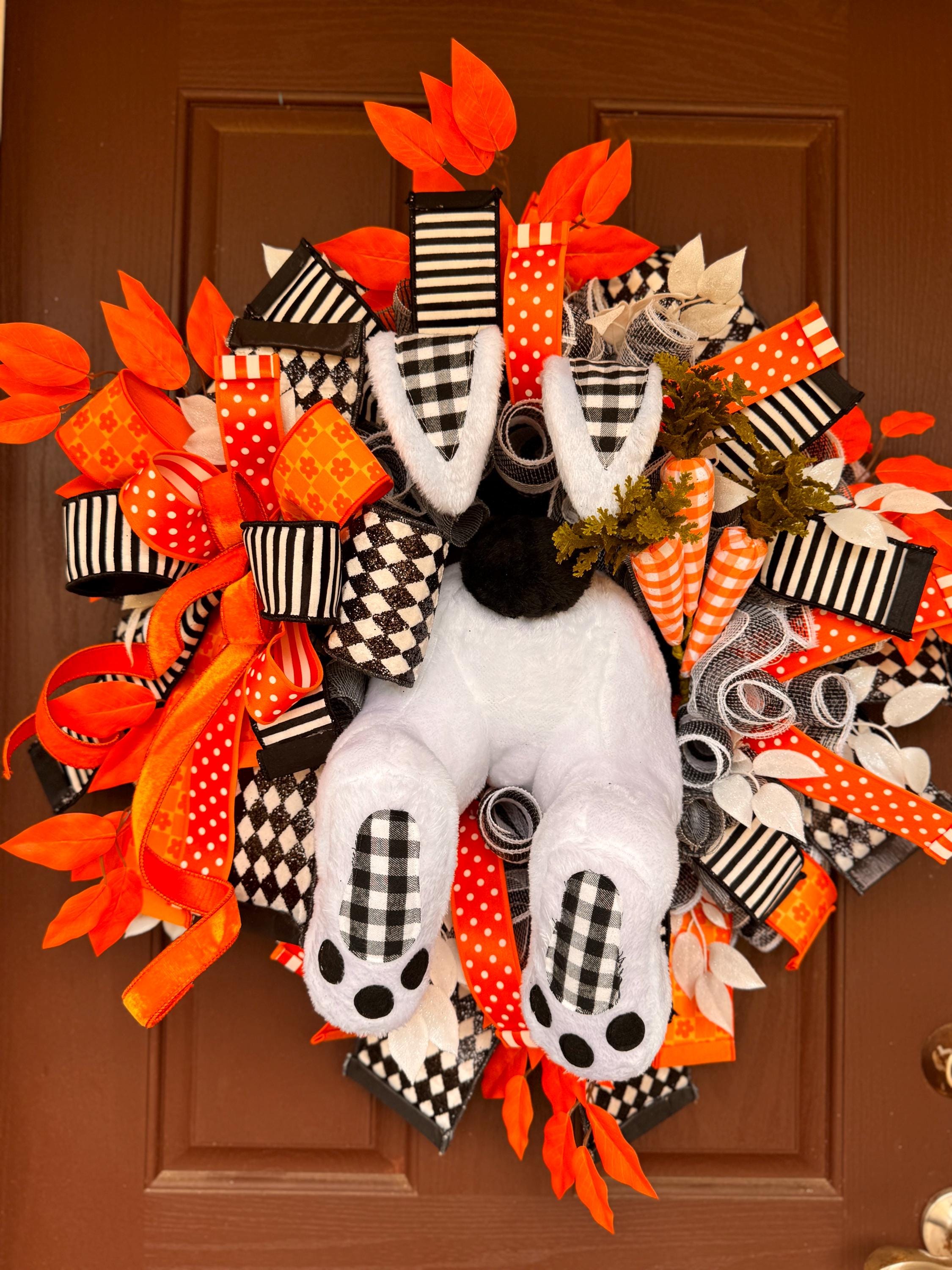 Easter Bunny Butt Wreath – Plush Bunny Door Decor with Harlequin, Stripes, Dots Ribbons, Carrots & Leaves – Spring Front Door Easter Wreath