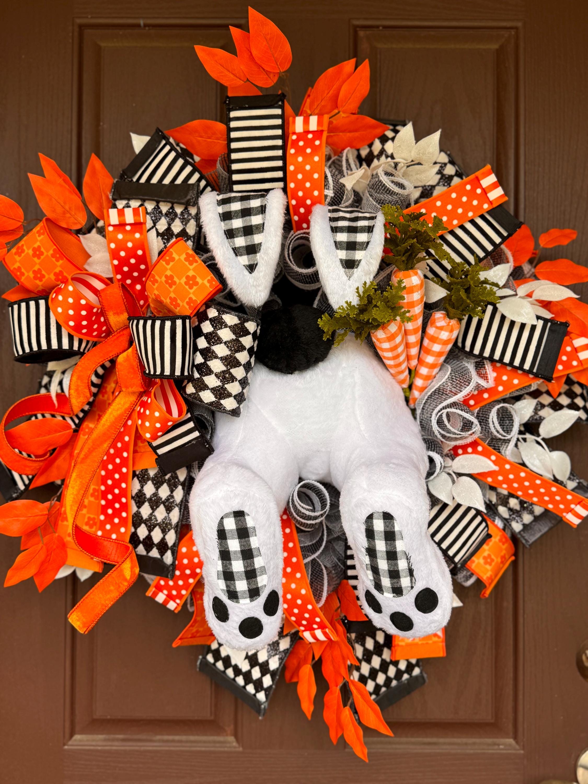 Easter Bunny Butt Wreath – Plush Bunny Door Decor with Harlequin, Stripes, Dots Ribbons, Carrots & Leaves – Spring Front Door Easter Wreath