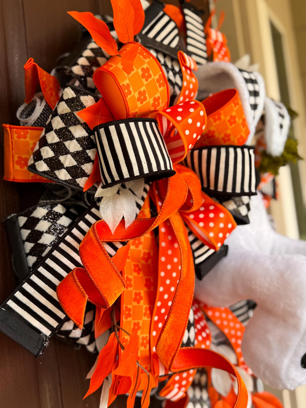 Easter Bunny Butt Wreath – Plush Bunny Door Decor with Harlequin, Stripes, Dots Ribbons, Carrots & Leaves – Spring Front Door Easter Wreath