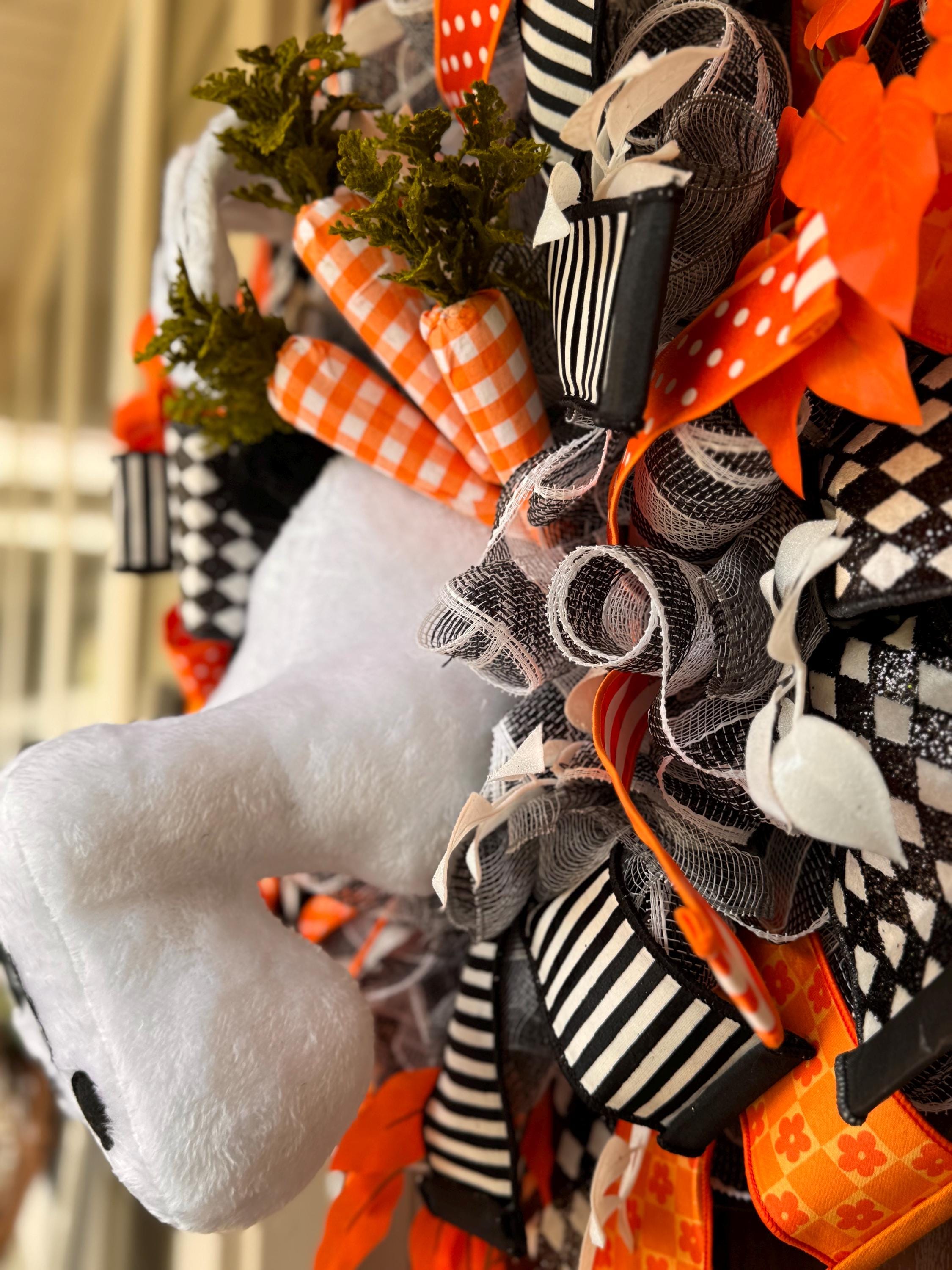 Easter Bunny Butt Wreath – Plush Bunny Door Decor with Harlequin, Stripes, Dots Ribbons, Carrots & Leaves – Spring Front Door Easter Wreath