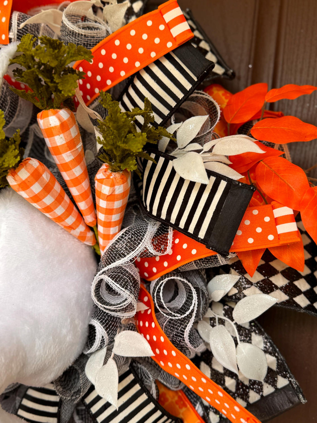 Easter Bunny Butt Wreath – Plush Bunny Door Decor with Harlequin, Stripes, Dots Ribbons, Carrots & Leaves – Spring Front Door Easter Wreath