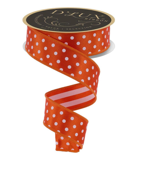 1.5" Orange Polka Dot Wired Ribbon – Double Sided Stripe | D’LUX Ribbon for Wreaths, Bows, Gift Wrap, Halloween & Fall Crafts