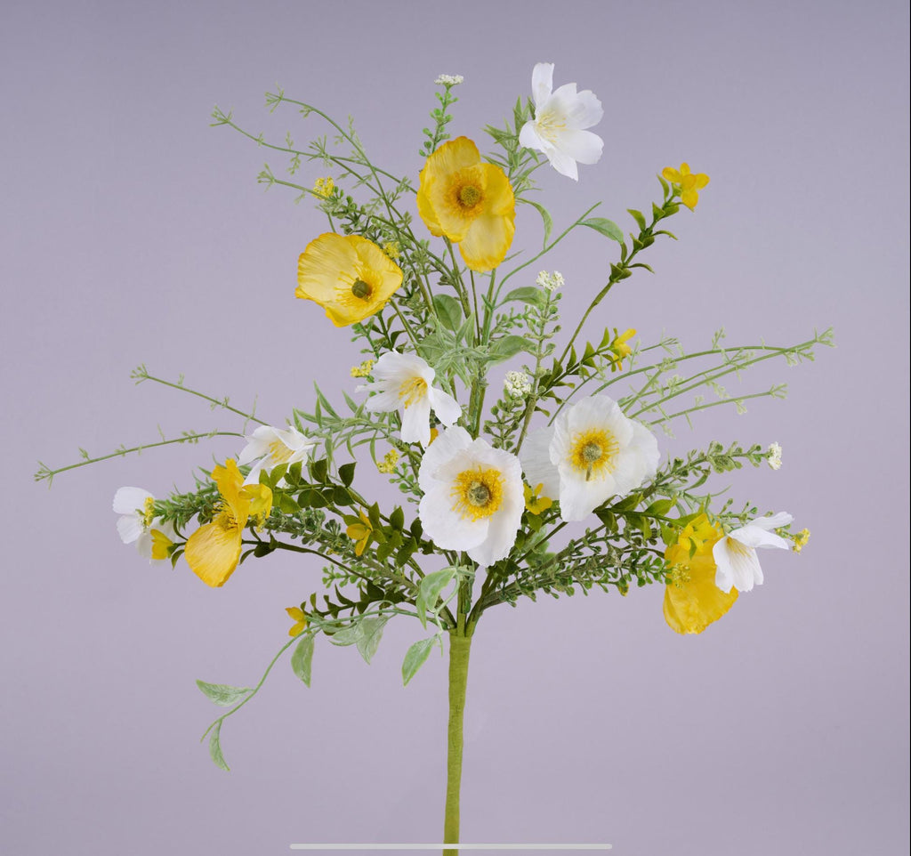 19.5” Mixed Poppy Bush – Yellow and White Artificial Flowers | Faux Wildflower Pick for Wreaths, Centerpieces & Spring Decor, Summer Decor