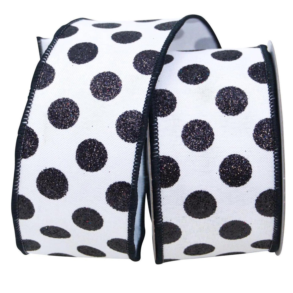 2.5" Black Glitter Polka Dots on White Wired Ribbon – 10 Yards | Farrisilk White and Black Ribbon for Wreaths, Bows, Gifts & Holiday Crafts