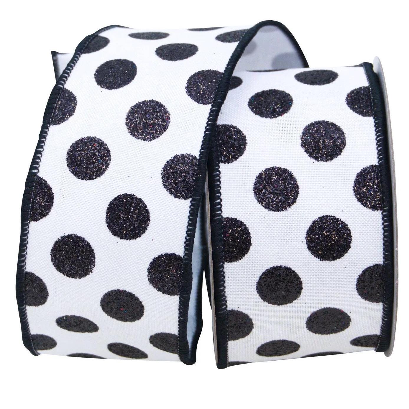 2.5" Black Glitter Polka Dots on White Wired Ribbon – 10 Yards | Farrisilk White and Black Ribbon for Wreaths, Bows, Gifts & Holiday Crafts